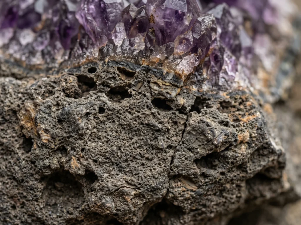 amethyst in water — close up of amethyst matrix base showing texture — basalt host rock detail