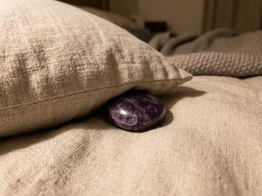 amethyst tumbled stone for under pillow — smooth palm stone on linen fabric — sleep use