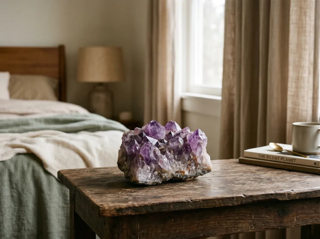 amethyst crystal for sleep — cluster on wooden nightstand away from window — bedroom setup
