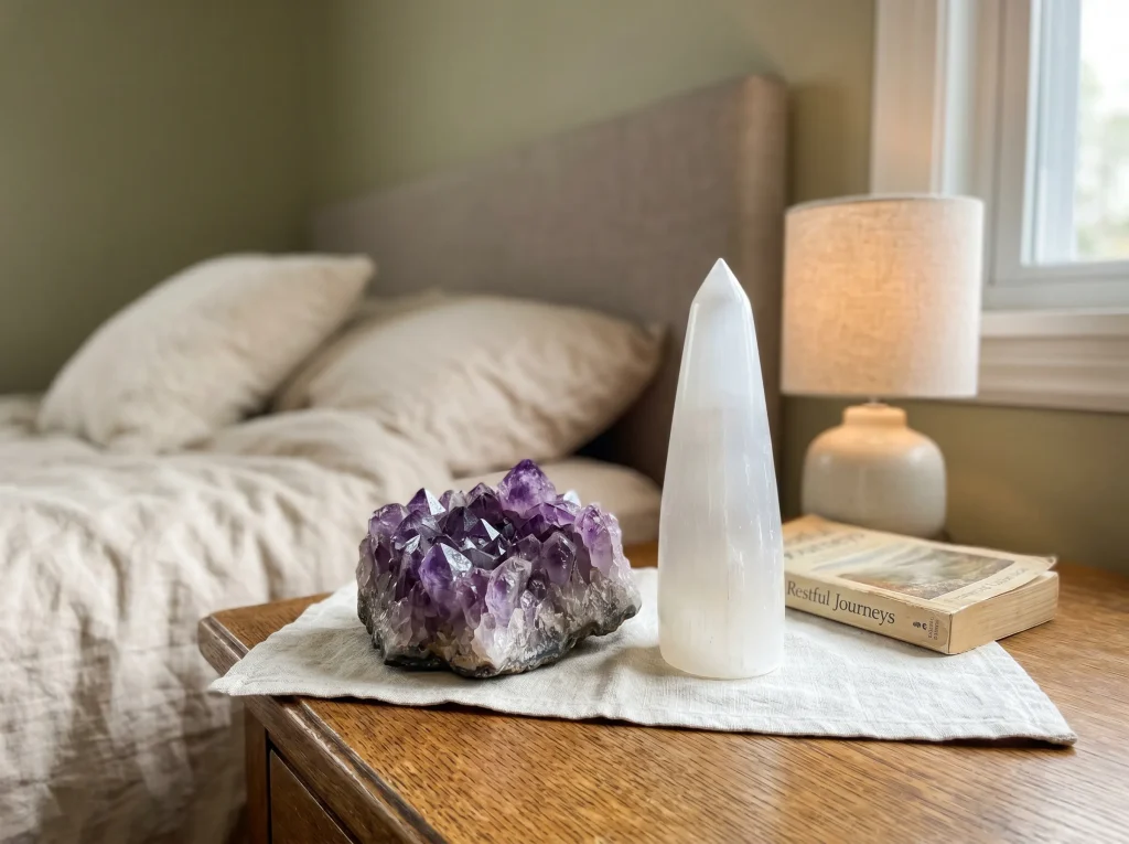 amethyst and selenite for sleep — two crystals on nightstand — calming bedroom crystal pairing