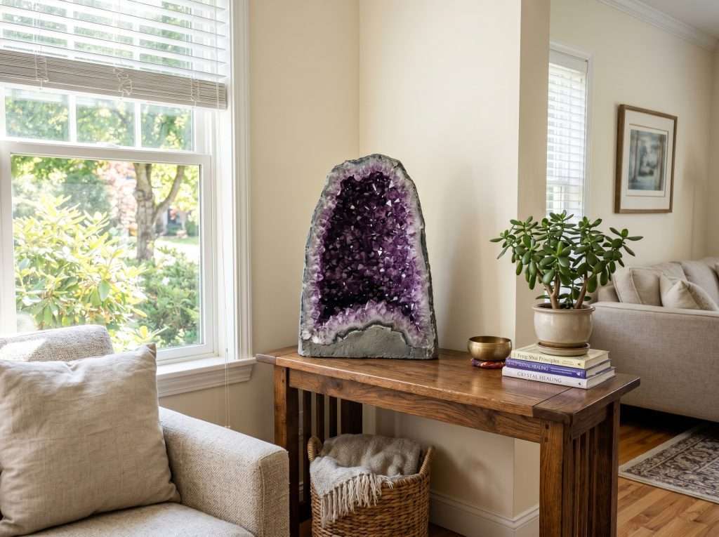 amethyst geode placement—large geode in living room's southeast corner—feng shui wealth corner