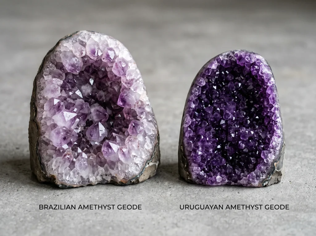Brazilian vs Uruguayan amethyst geode—side-by-side color comparison—origin difference
