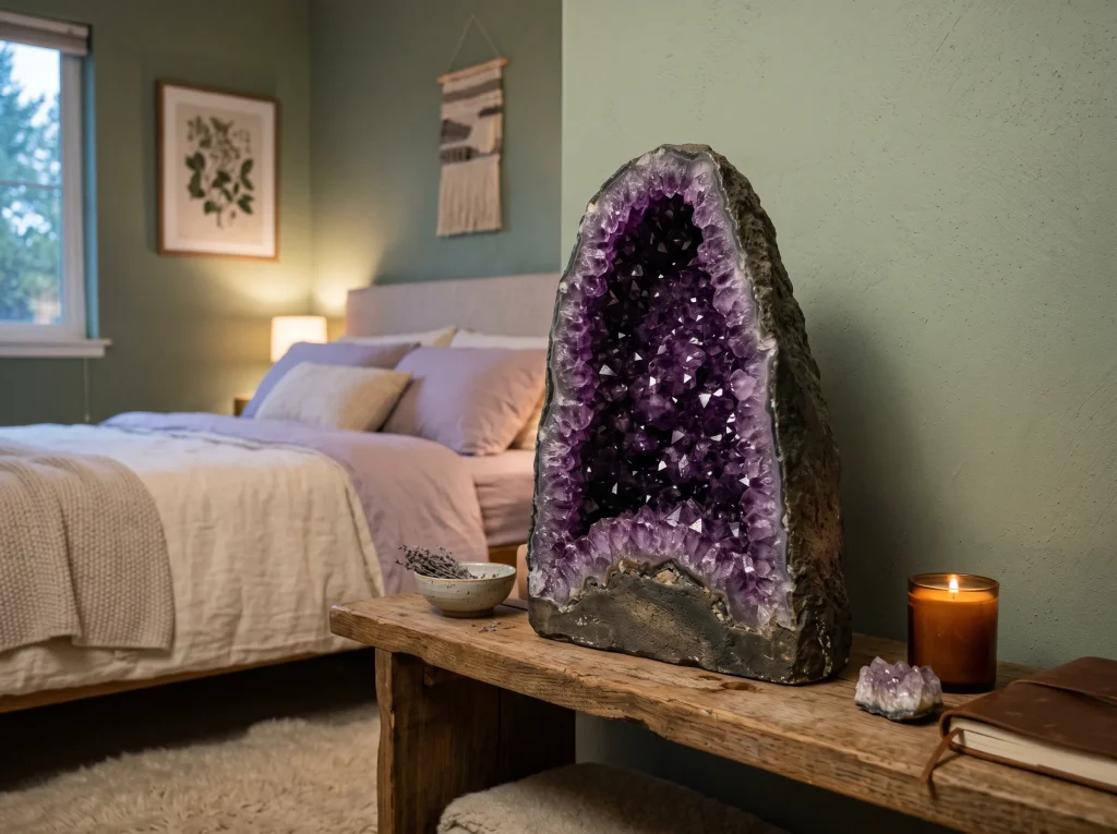 amethyst geode cave for bedroom — deep purple Brazilian geode on low shelf — sleep ritual