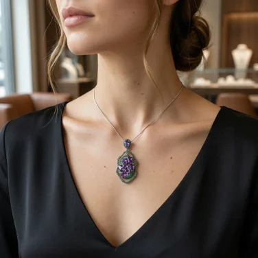 Royal Vineyard Amethyst & Chrome Diopside Cluster Pendant,amethyst necklaces