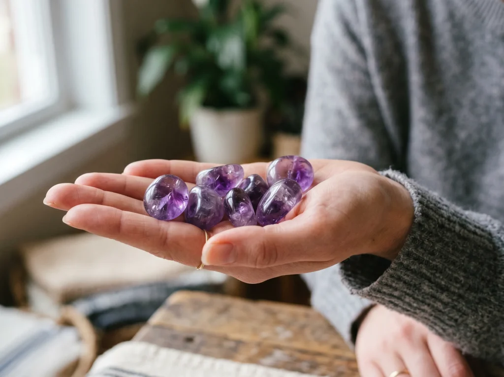 Smooth polished tumbled amethyst stones showing internal clarity and deep purple color.