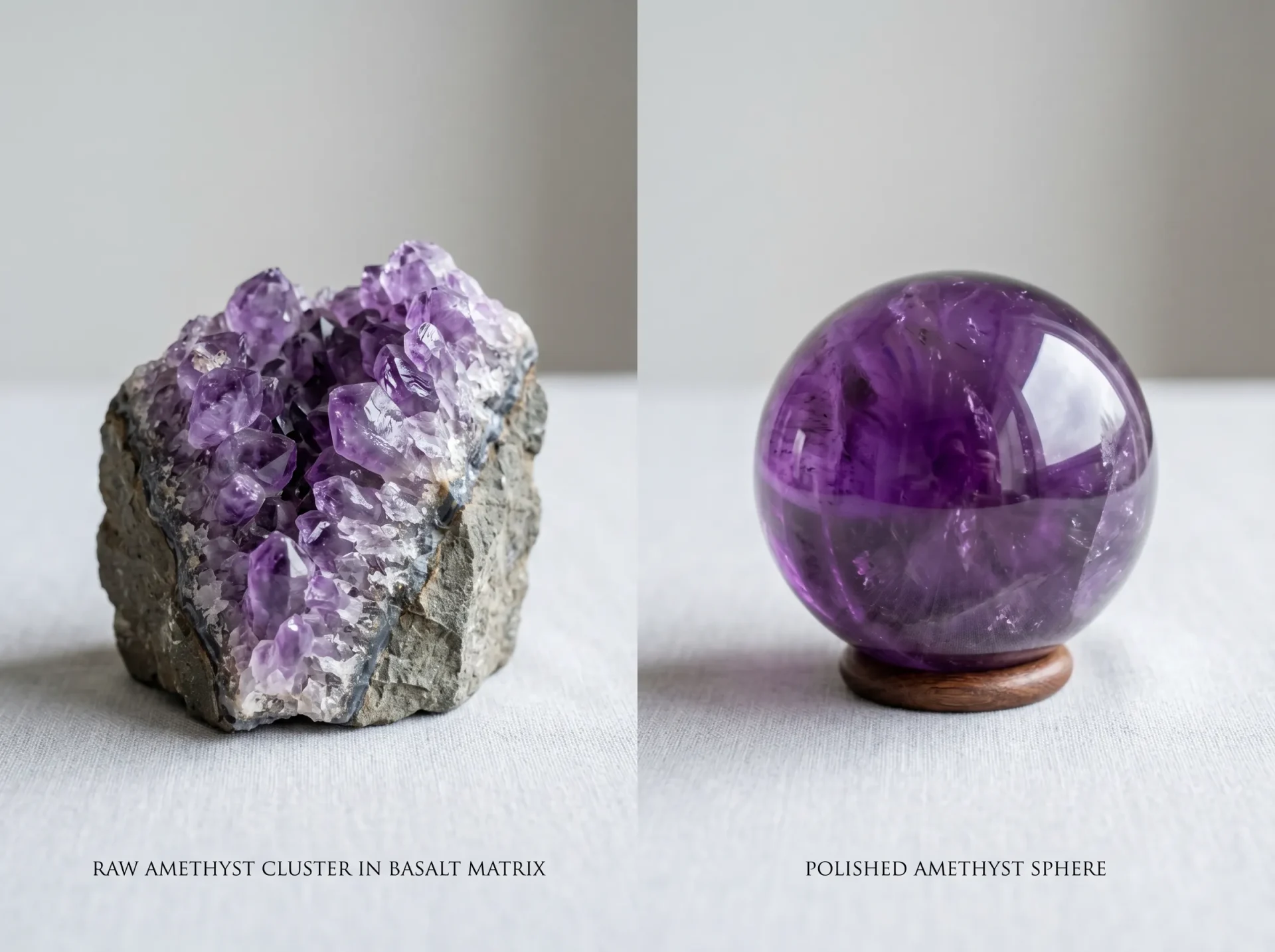 Side-by-side comparison of a natural raw amethyst cluster and a polished amethyst sphere.