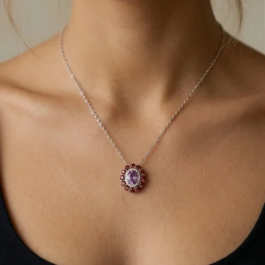 Velvet Dahlia Amethyst & Garnet Floral Necklace in 925 Silver