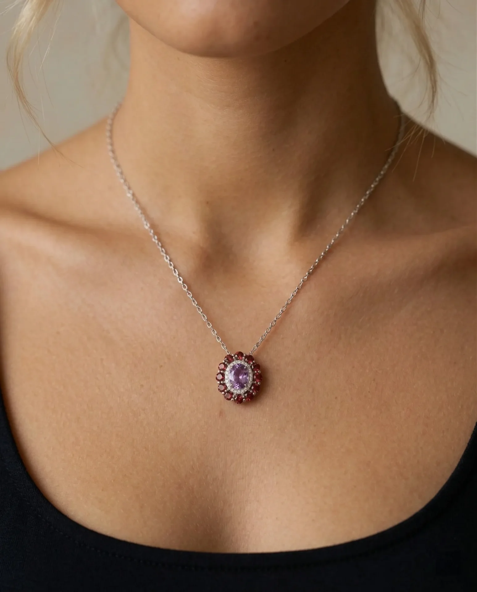 Velvet Dahlia Amethyst & Garnet Floral Necklace in 925 Silver