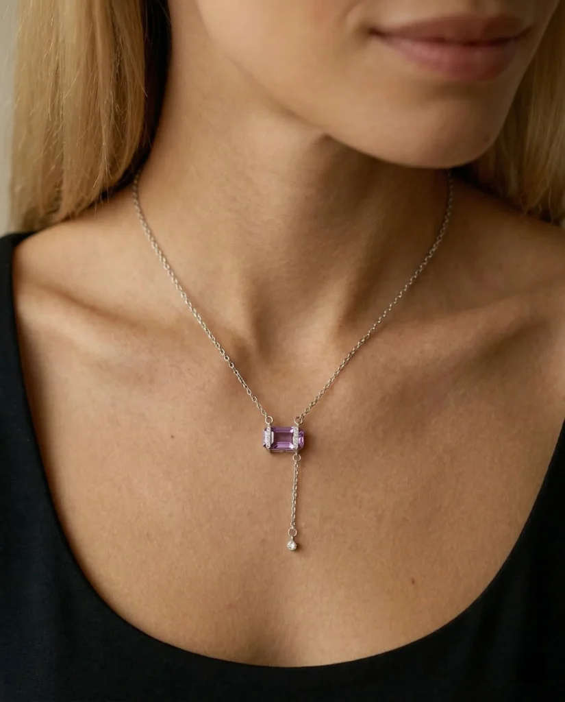 Violet Glaze Emerald Cut Amethyst Y-Necklace in 925 Silver