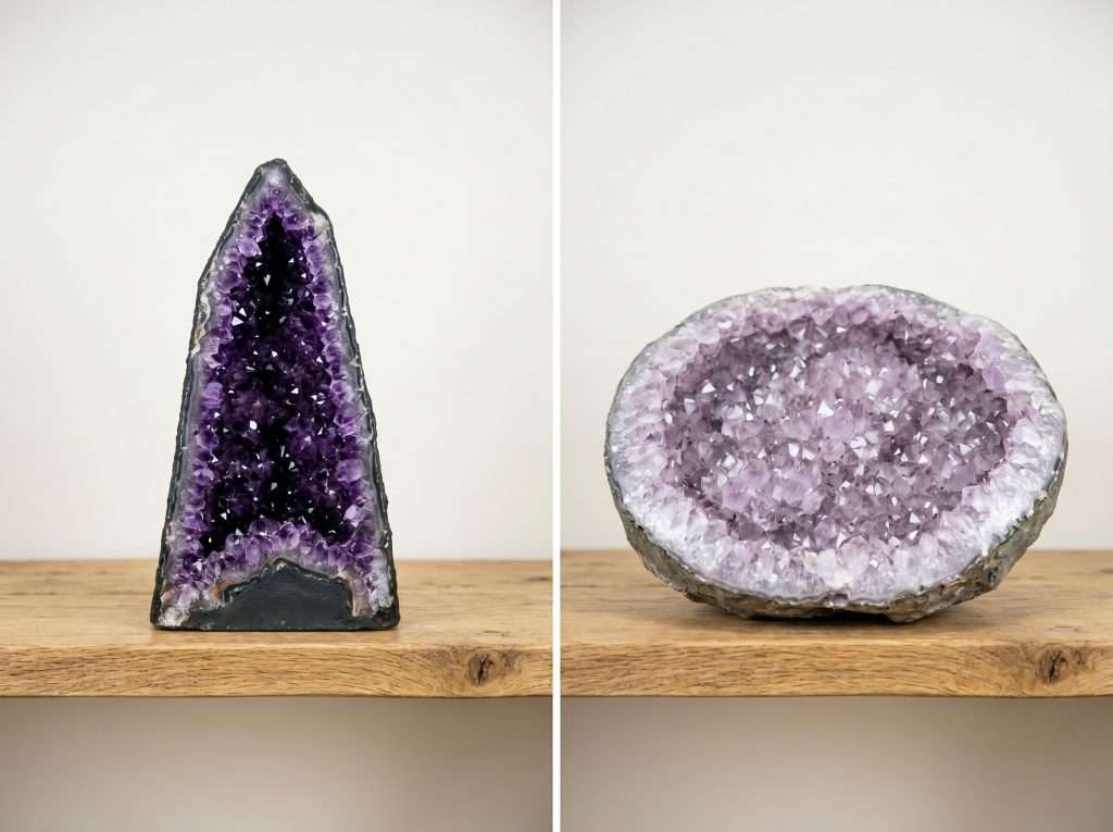 A side-by-side visual comparison of a tall cathedral-shaped amethyst cave and a wide, open amethyst geode, illustrating the difference in terminology and structure.