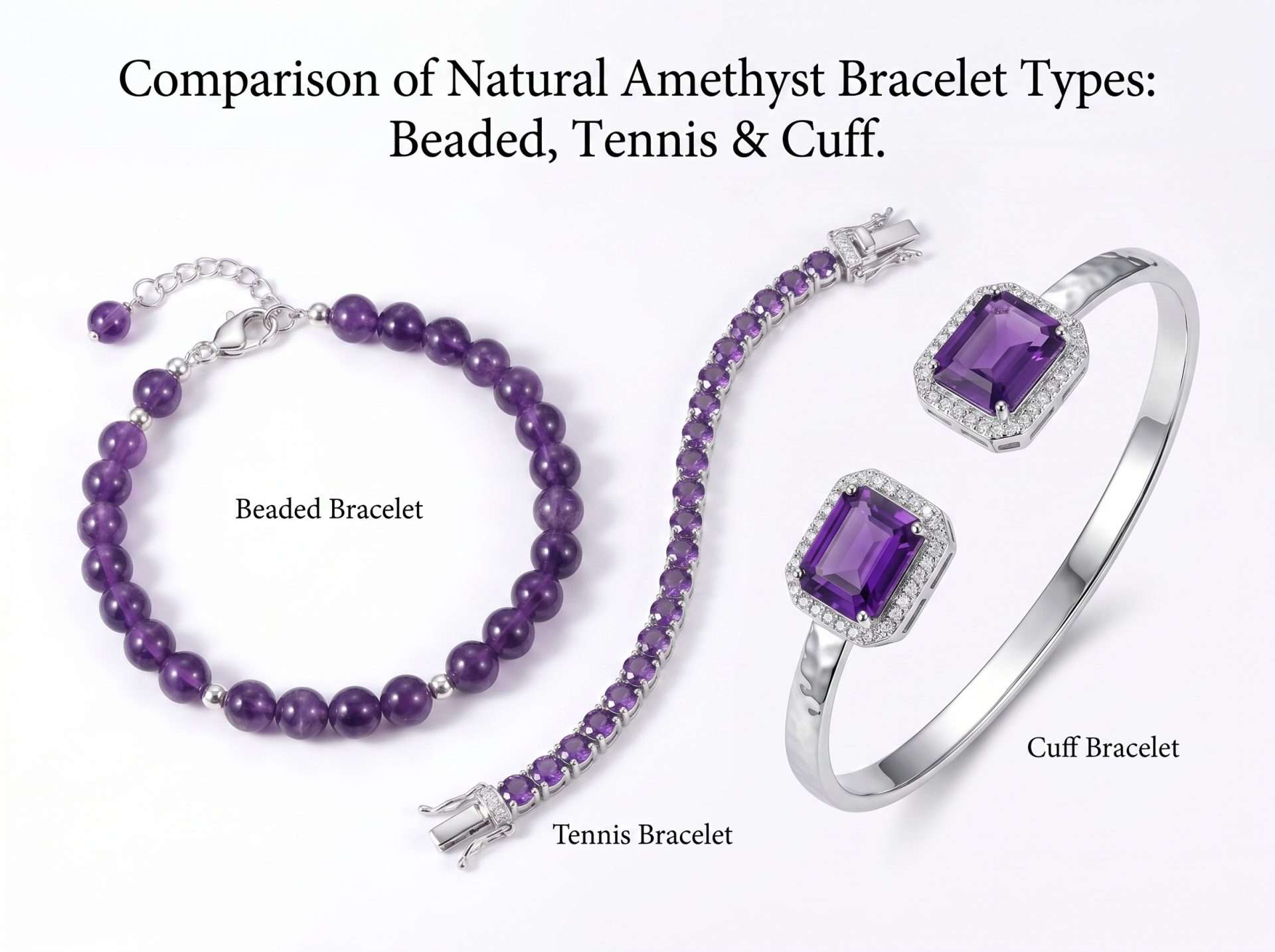 amethyst bracelet types comparison — beaded tennis cuff — natural purple stone