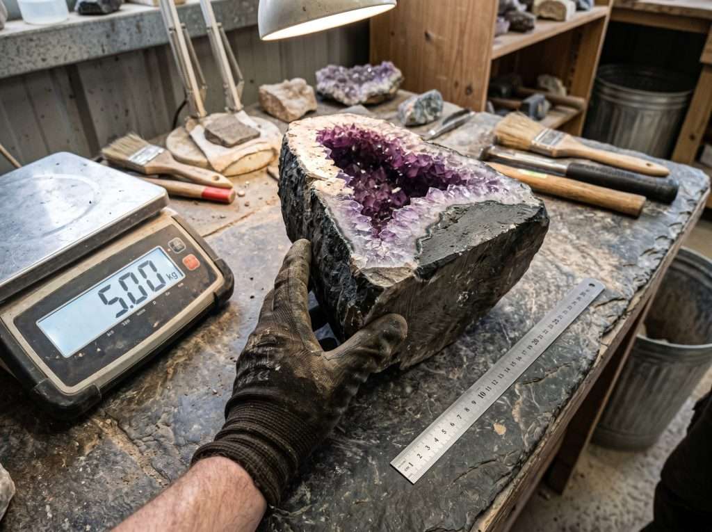 A detailed view demonstrating how to evaluate an amethyst cave’s base stability and check its actual weight on a scale before purchasing.