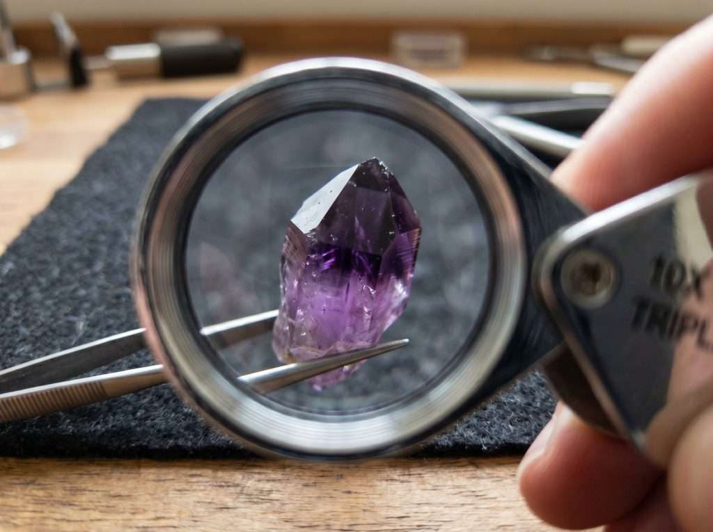 Macro close-up showing natural color zoning on an amethyst specimen, a key factor in how to identify untreated amethyst origin and quality.