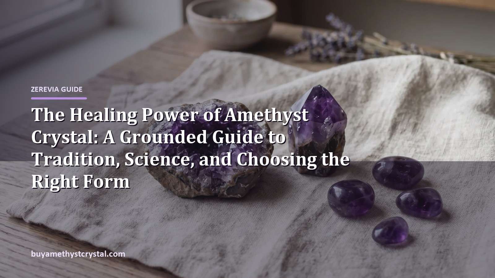 The Healing Power of Amethyst Crystal: A Grounded Guide to Tradition, Science, and Choosing the Right Form - Zerevia guide cover on amethyst image